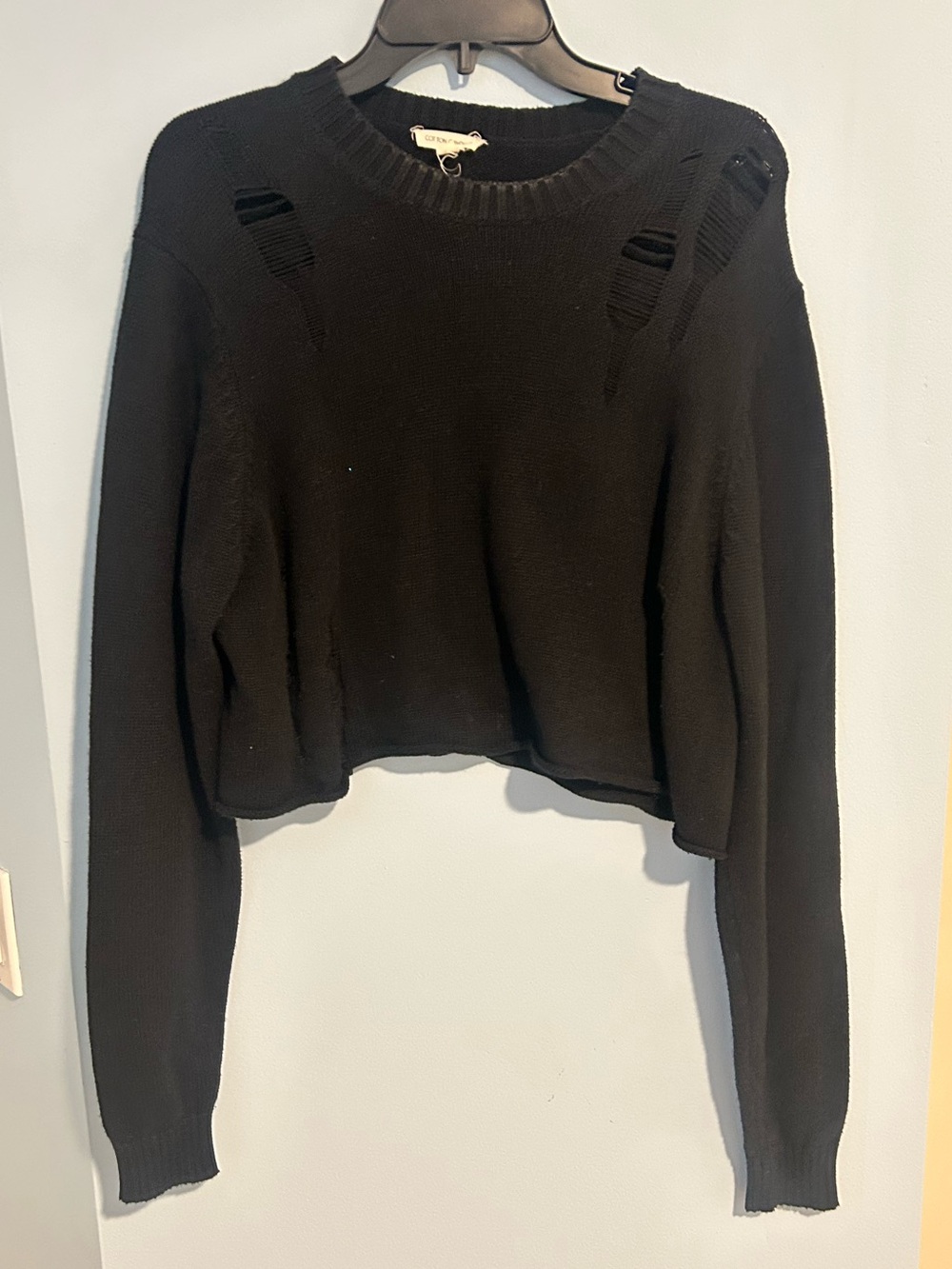 Cotton Candy Black Distressed Cropped Crew Sweater